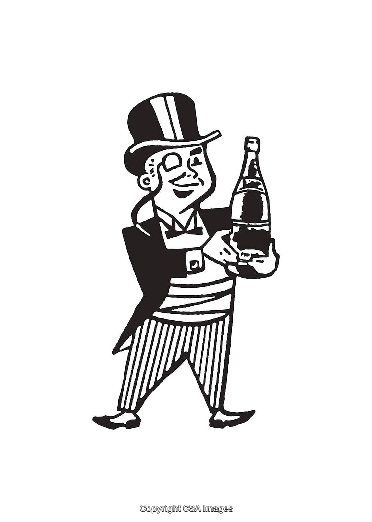 Black and White Illustration of a Person Holding a Bottle in a Suit