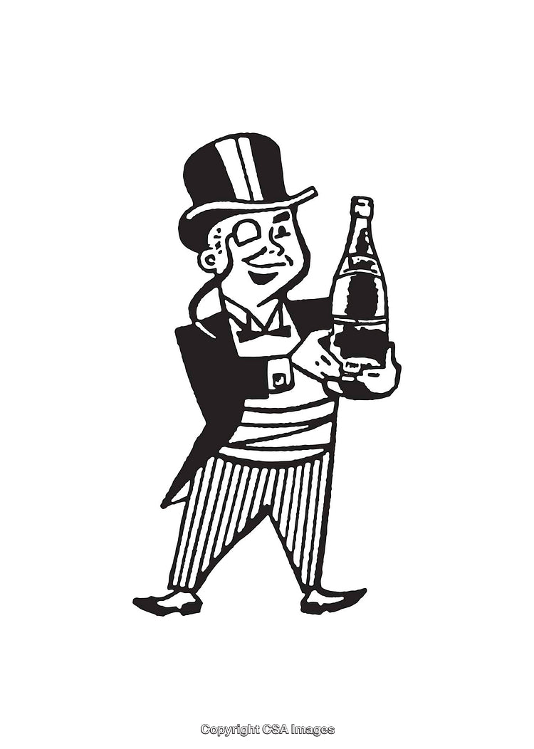 Black and White Illustration of a Person Holding a Bottle in a Suit