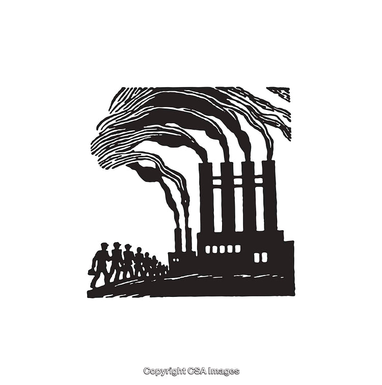 Illustration of Factory and Workers Smoking Chimneys Monochromatic