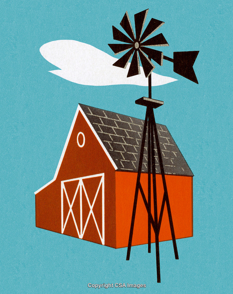 Vintage Illustration of a Red Barn and Windmill on a Clear Day