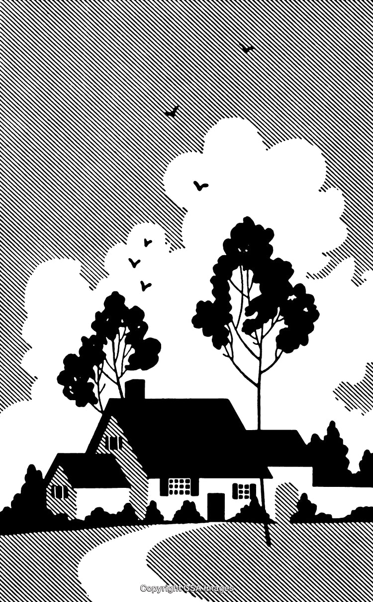 Black and White Engraving of a Tranquil Rural Cottage Scene