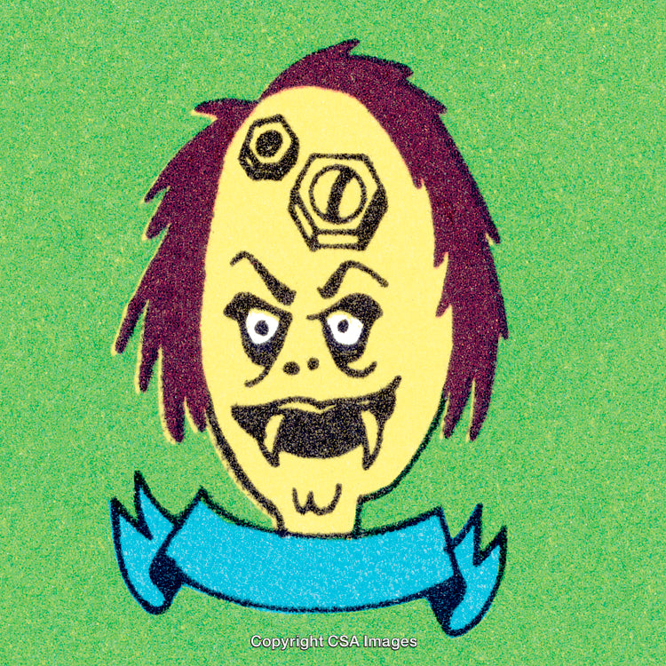 Cartoon Monster Character with Fangs and Bolts on Green Background