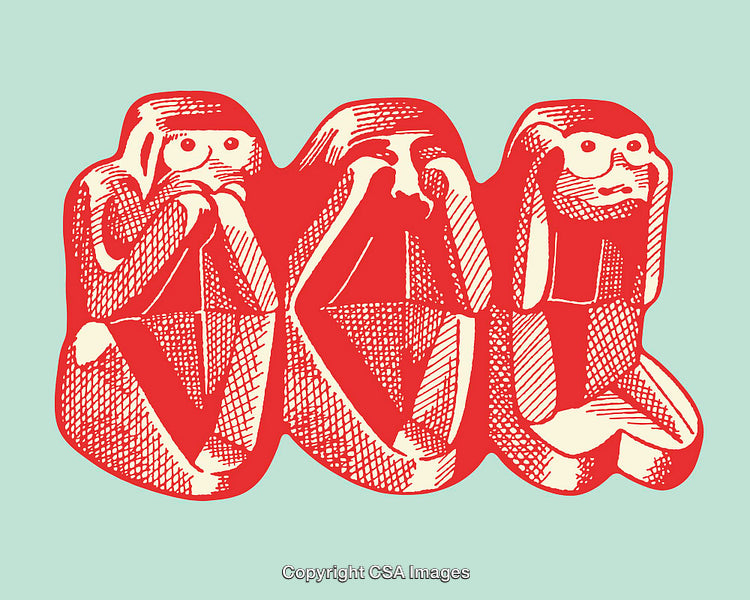 Three Monkeys Illustrated in Red Line Art on Light Background