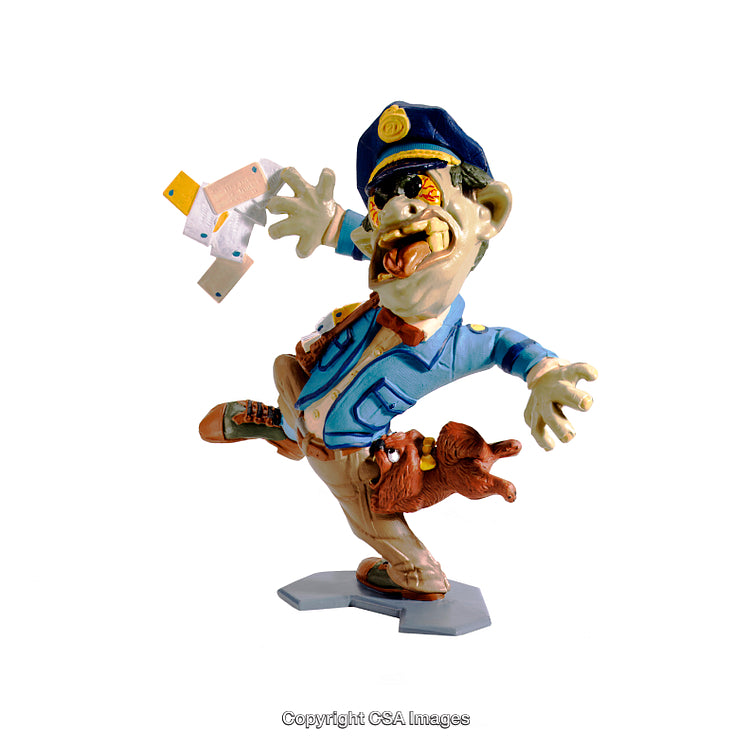 Humorous Caricature Figurine of Police Officer with Dog and Flying Letters