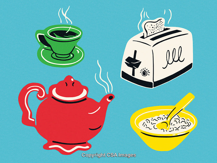 Illustrated Breakfast Scene With Toast, Coffee, Cereal, and a Red Teapot