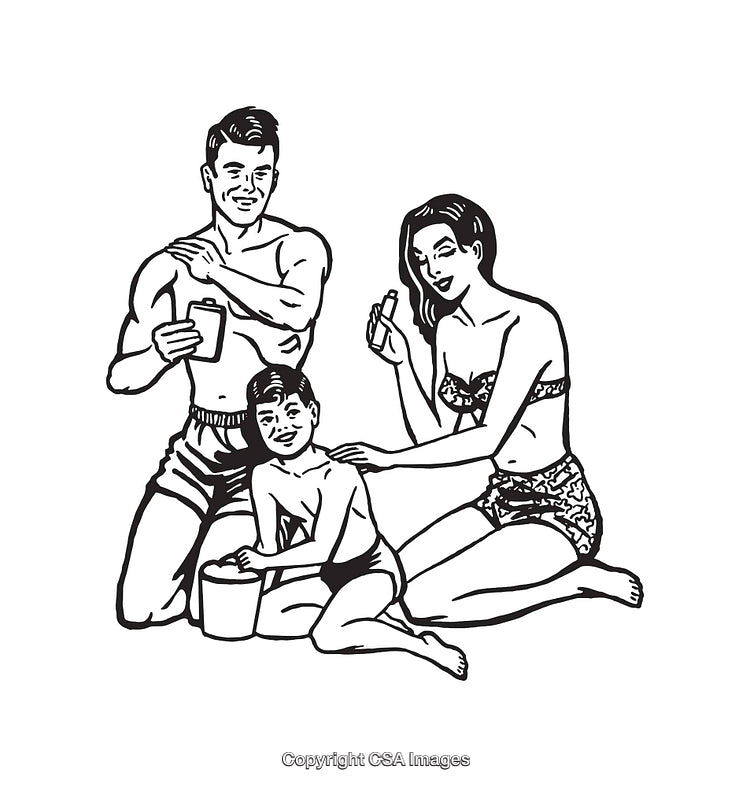 Family On A Beach Using Sunscreen in Retro Style Illustration