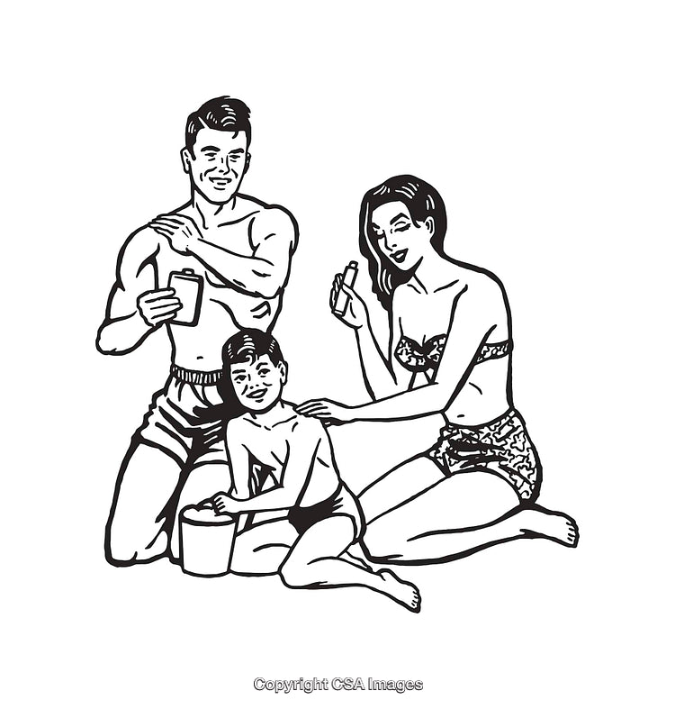 Family On A Beach Using Sunscreen in Retro Style Illustration