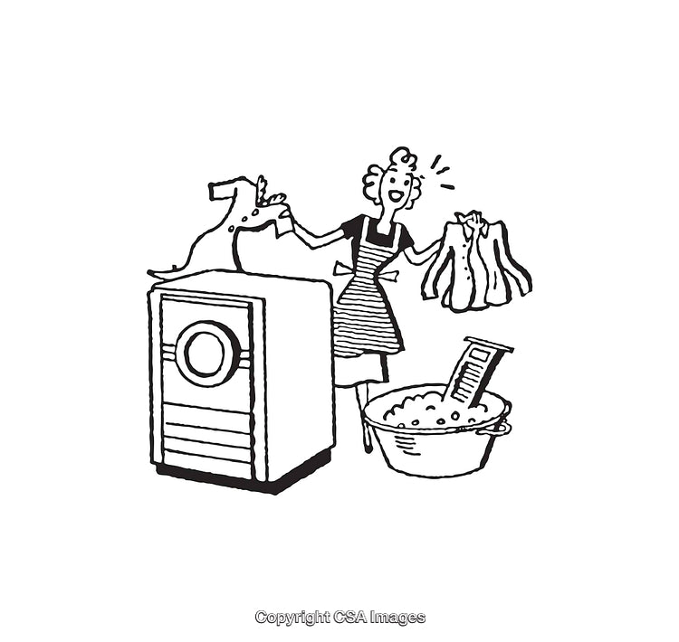 Vintage Line Art Illustration of Homemaker Performing Laundry Chores