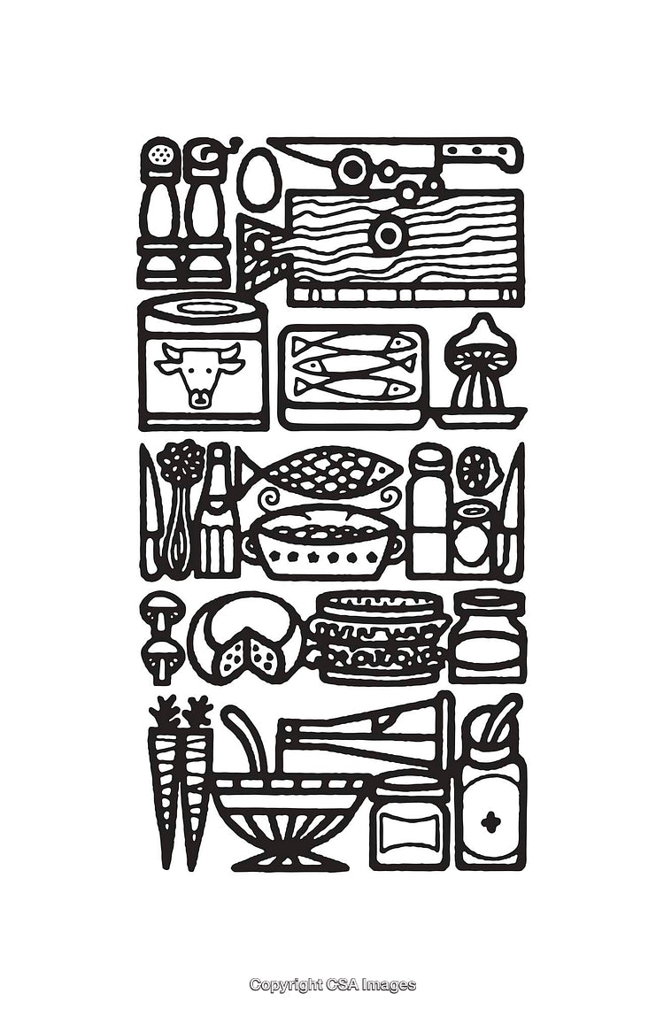 Black and White Line Art of Food and Kitchen Elements Arrangement
