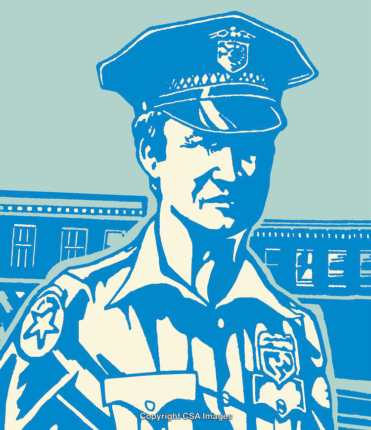 Illustrated Police Officer in Uniform Against an Urban Building Background