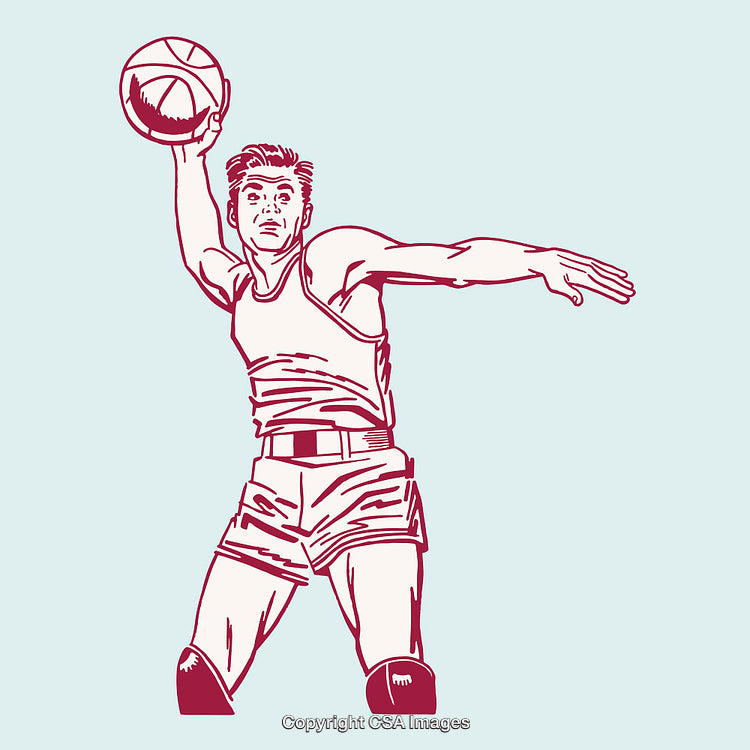 Retro Style Line Art Illustration of a Basketball Player in Action