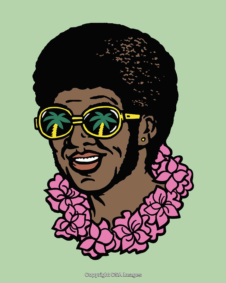 Vibrant Hawaiian-Themed Line Art Illustration of a Person Wearing Sunglasses