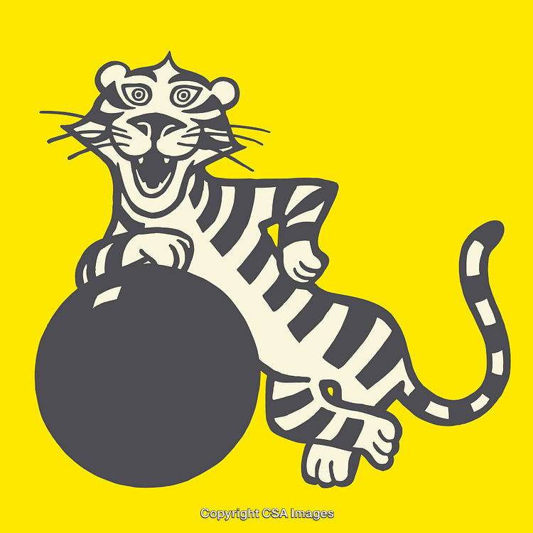 Colorful Cartoon Tiger Leaning on a Ball Illustration on Yellow Background