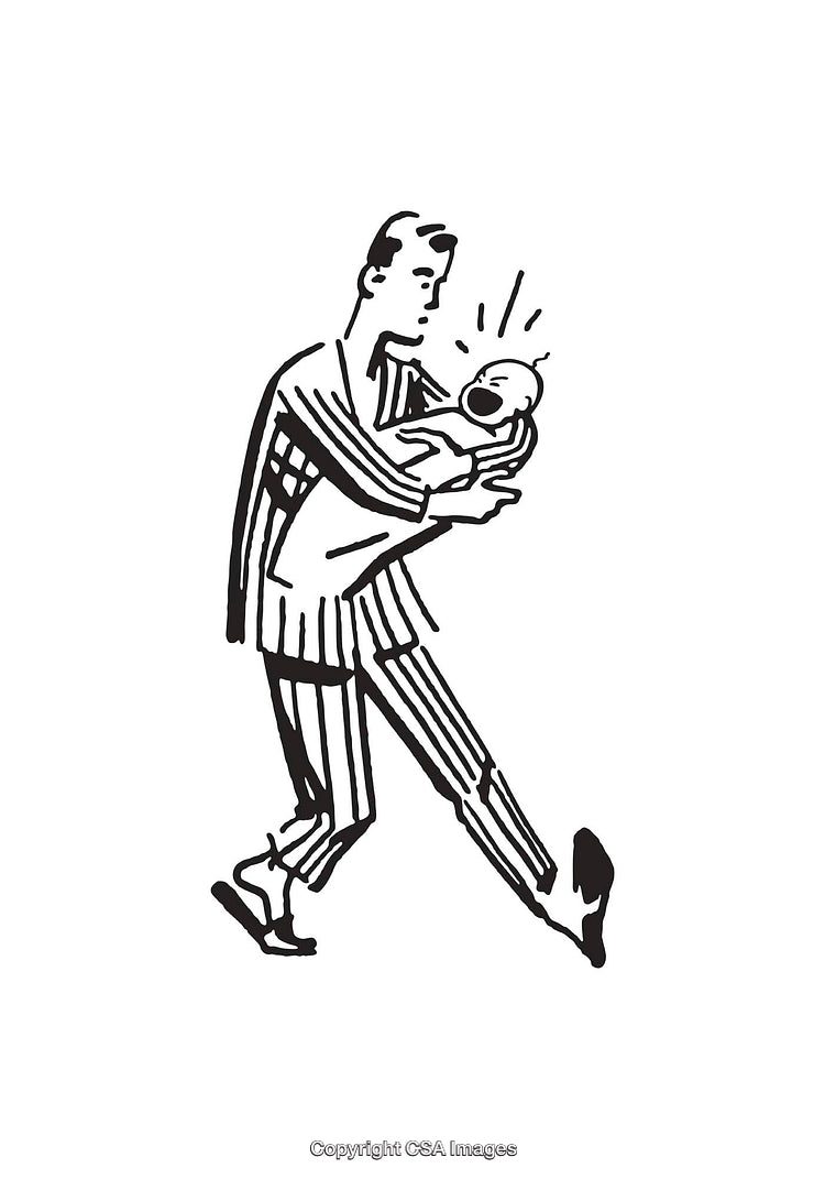 Retro Black and White Line Art of a Man Holding a Crying Baby