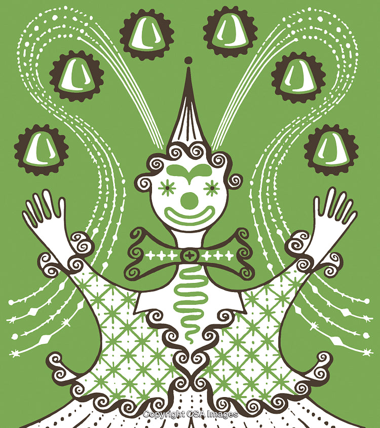 Whimsical Clown Juggling Bells in a Decorative Abstract Design on Green