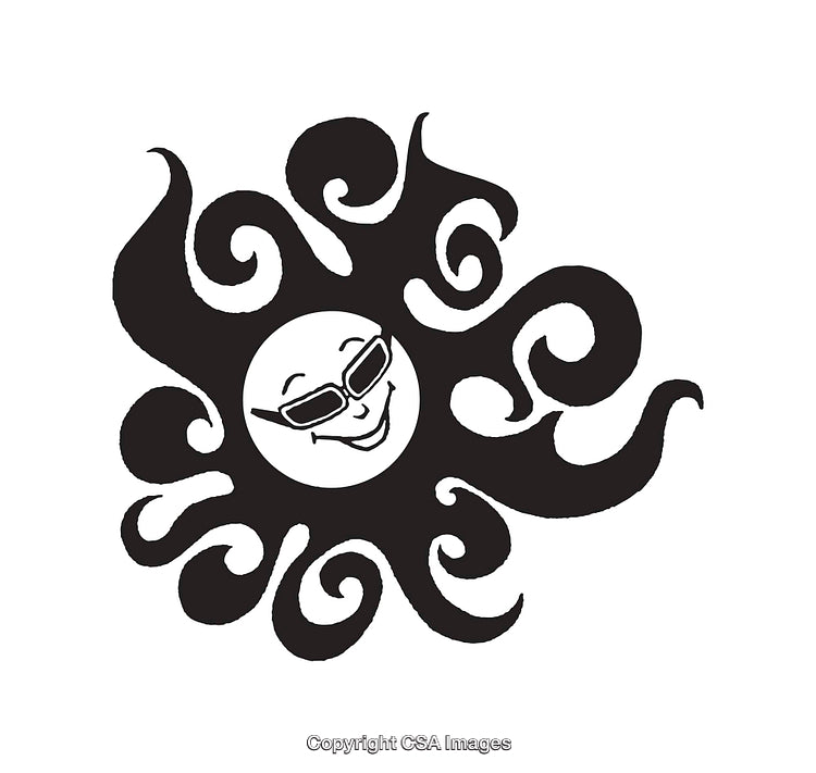 Smiling Sun Illustration with Swirling Rays in Black and White Design