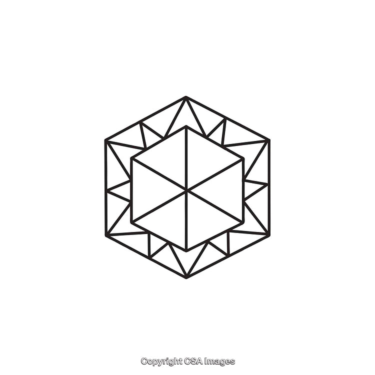 Geometric Hexagonal Shape with Linework and Symmetrical Triangles in Black