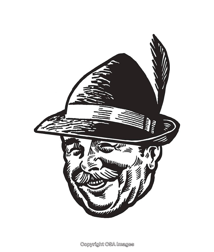 Vintage Black And White Drawing of a Smiling Man in Feathered Hat