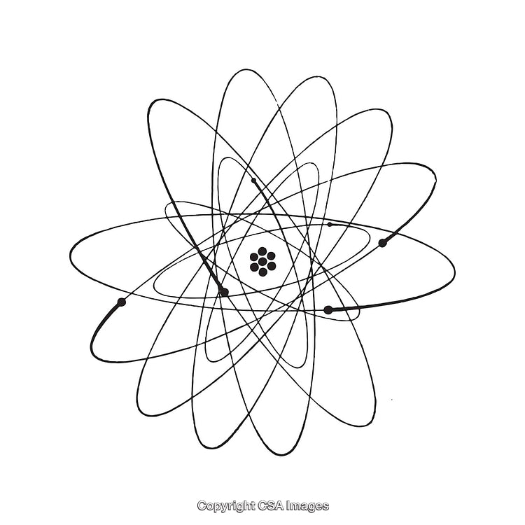 Black and White Illustrative Atomic Diagram with Orbits and Particles