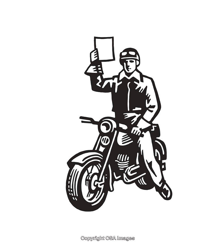 Black and White Illustration of Motorcyclist Holding a Piece of Paper
