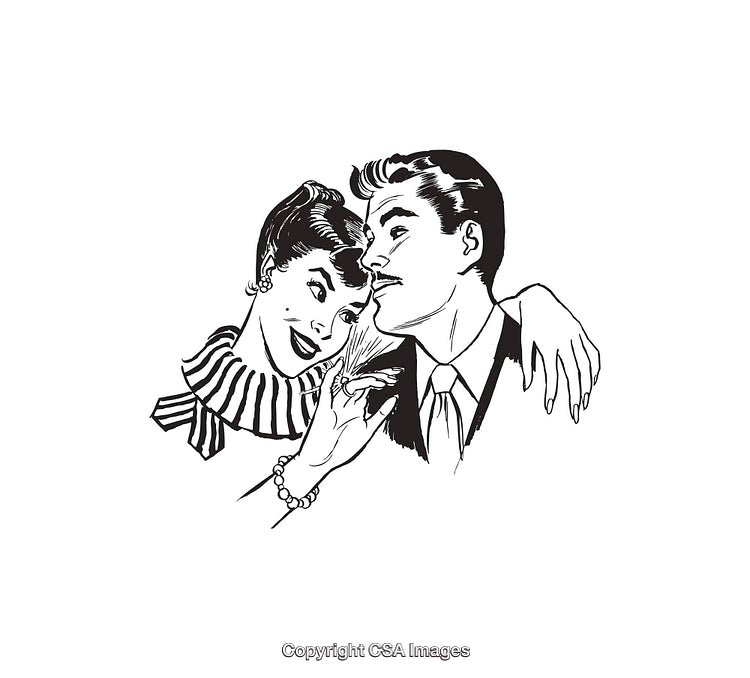 Black and White Retro Illustration of a Romantic Couple Smiling Together