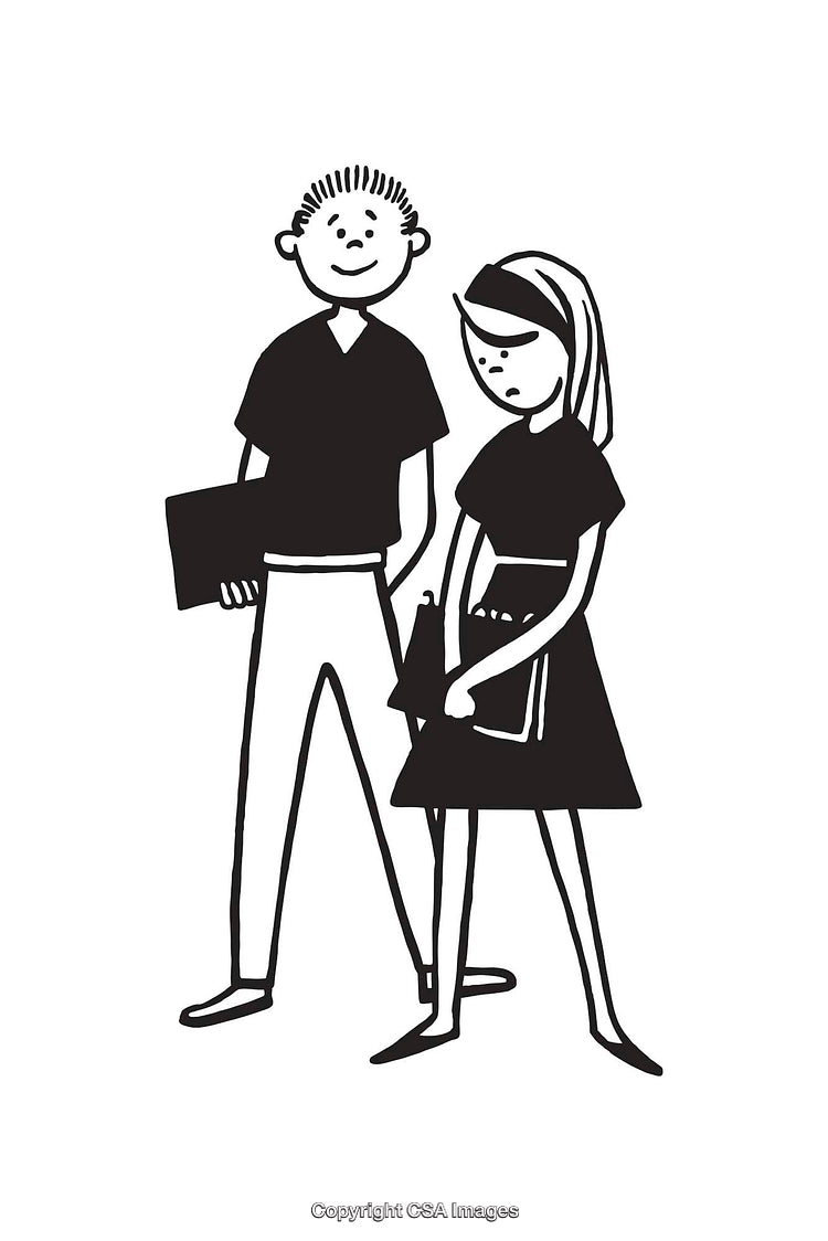 Black and White Line Art of Two Characters Standing Together