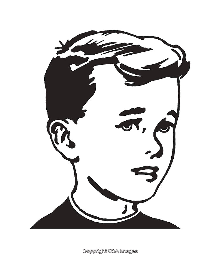 Vintage Style Black and White Line Art Illustration of a Young Boy