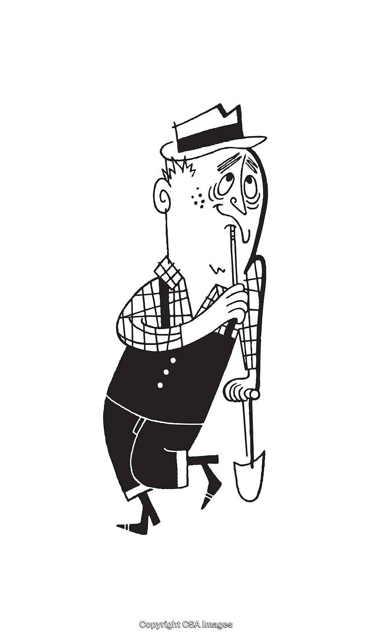 Retro Black And White Illustration of Man With Shovel and Thoughtful Expression