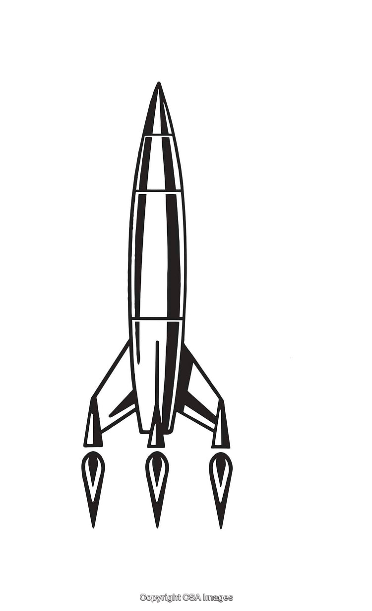 Black And White Line Art Illustration of a Vintage Rocket Ship Design