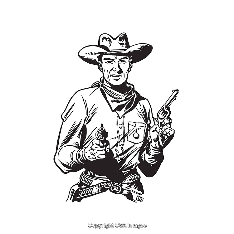 Black and White Line Art of a Cowboy with Dual Revolvers