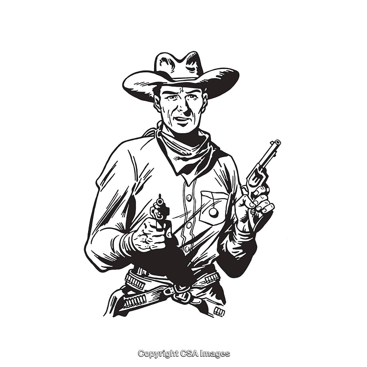 Black and White Line Art of a Cowboy with Dual Revolvers