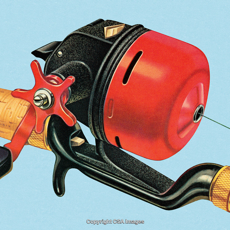 Vintage Fishing Reel On Cork Handle With Red and Black Design