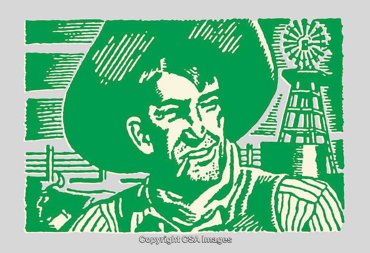 Vintage Line Art of a Cowboy in a Rural Landscape