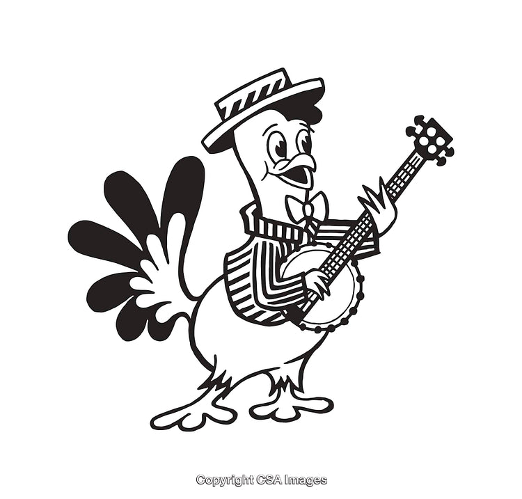 Rooster Musician Playing Banjo in Classic Line Art Illustration Style