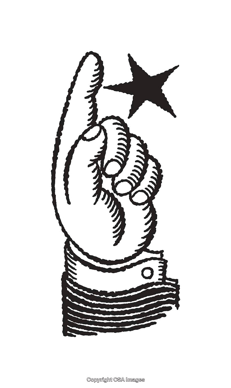 Black and White Engraved Hand Pointing at Star Illustration