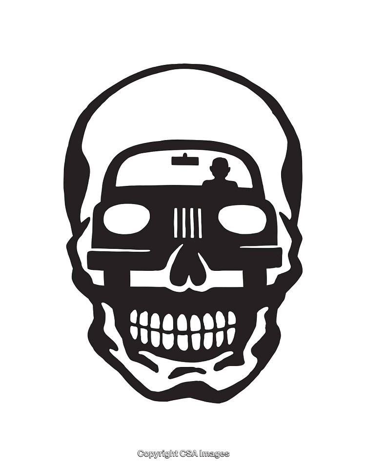 Silhouette Illustration of a Skull Featuring a Driver in a Classic Car
