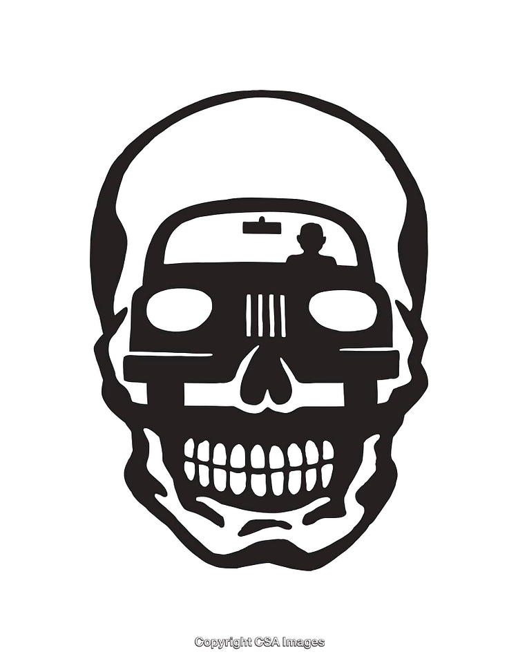 Silhouette Illustration of a Skull Featuring a Driver in a Classic Car