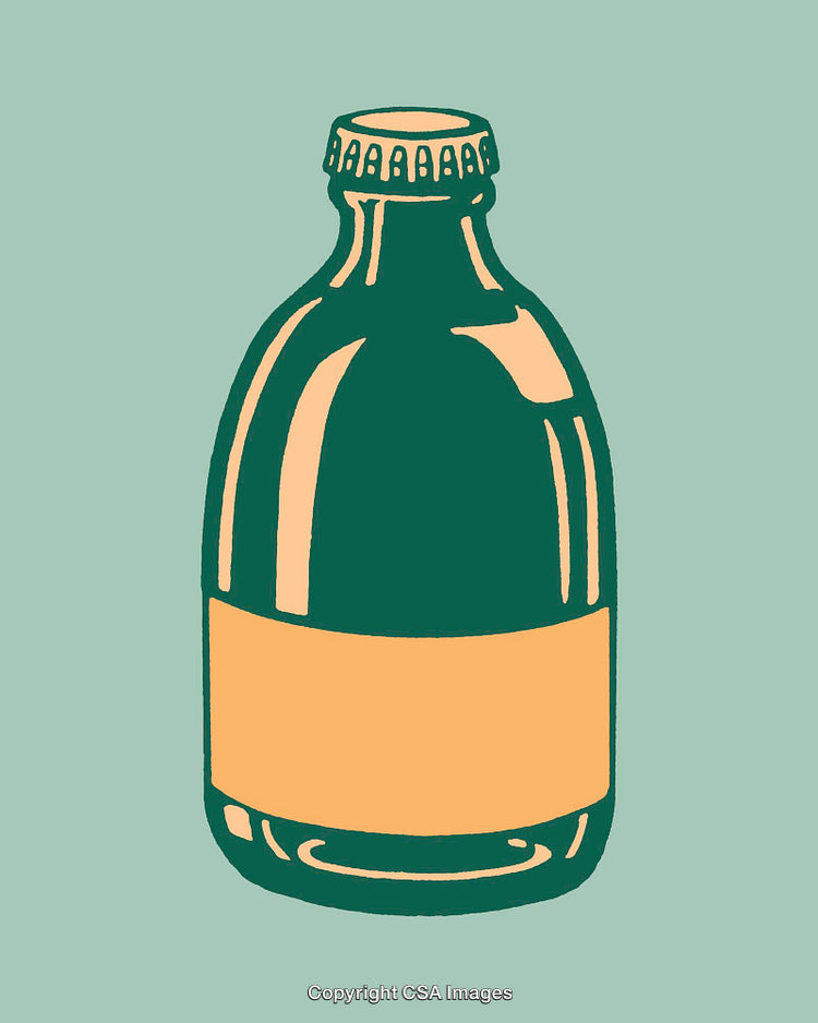 Stylized Illustration of a Glass Bottle with Minimalist Design on Green Background