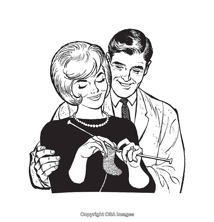 Vintage Illustration of a Couple Sharing a Knitting Moment Together