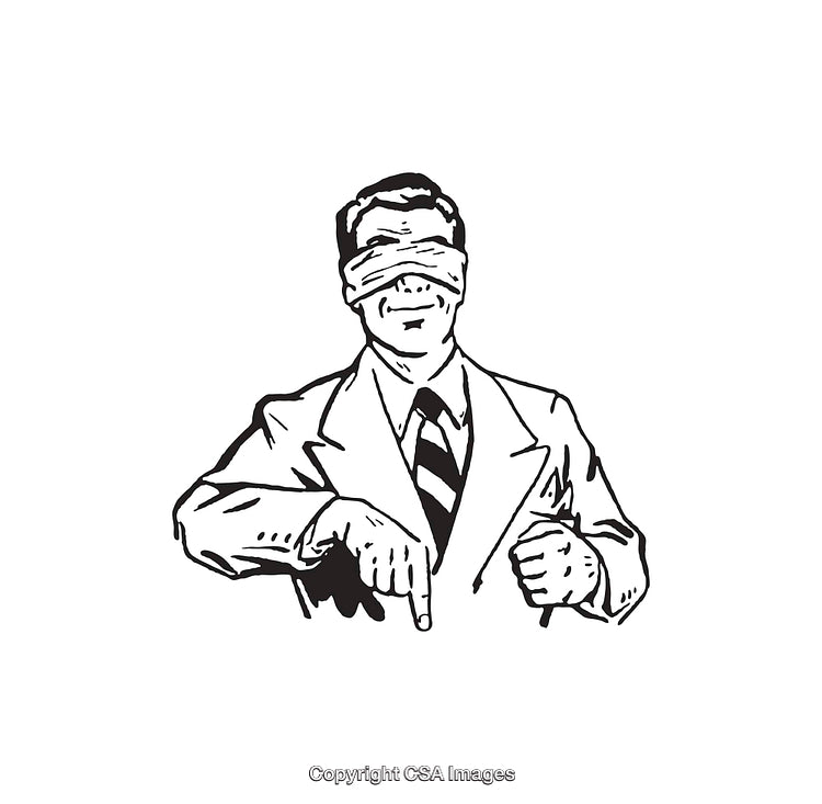 Black and White Illustration of a Blindfolded Man in Formal Attire