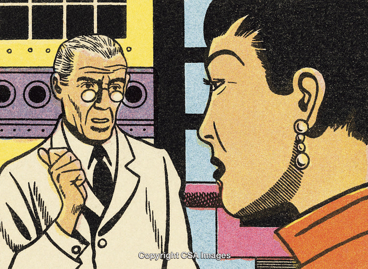 Retro Comic Style Scientists Engaging in a Scientific Discussion