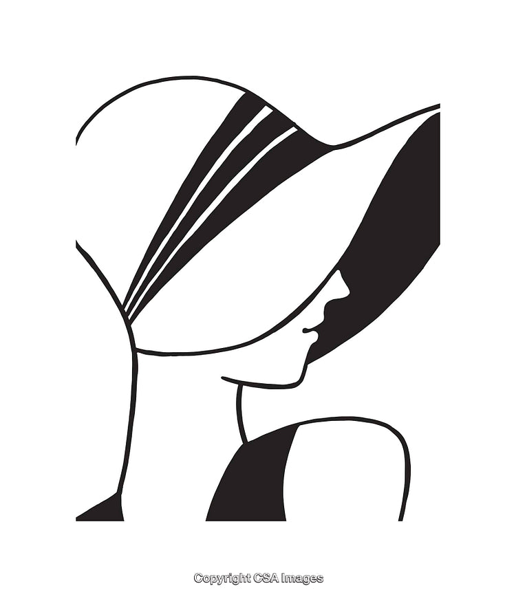 Elegant Black and White Illustration of Woman Wearing Stylish Hat