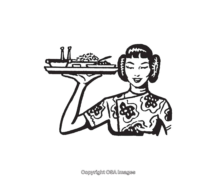 Black and White Line Art of Woman Serving Traditional Cuisine