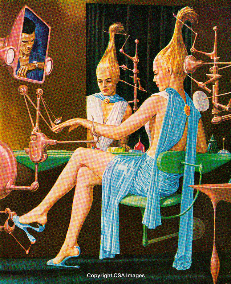 Futuristic Scene Featuring Robots Assisting A Woman Dressed Elegantly
