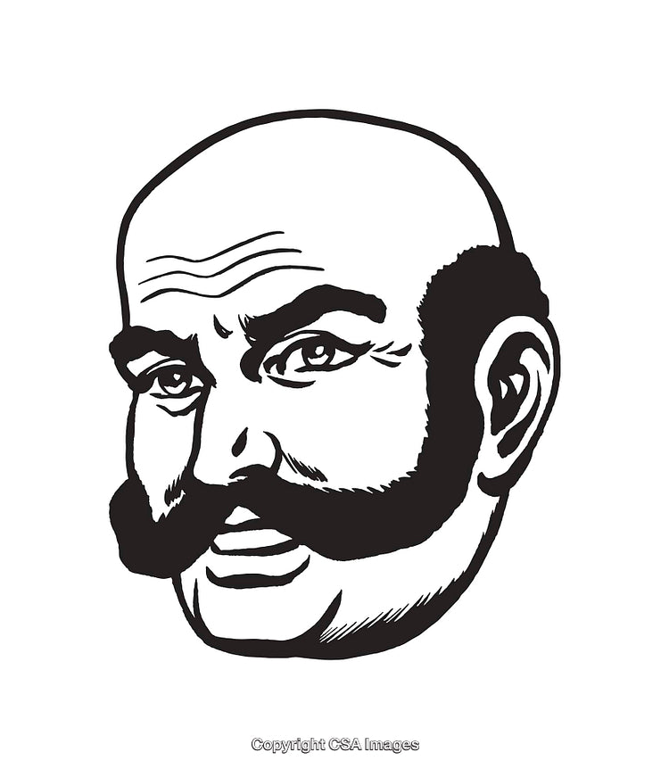 Black and White Line Art of a Bald Man with Bold Mustache