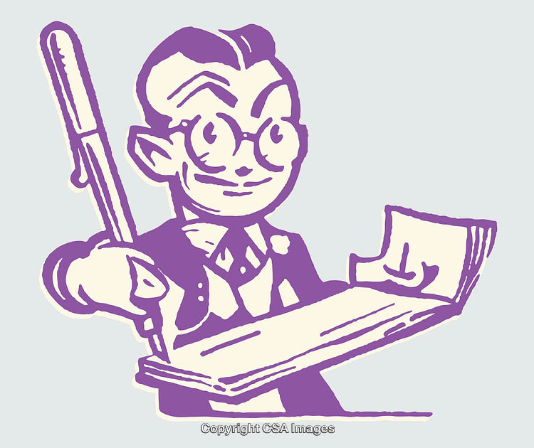 Retro Style Purple Cartoon Man Holding Papers with Pen