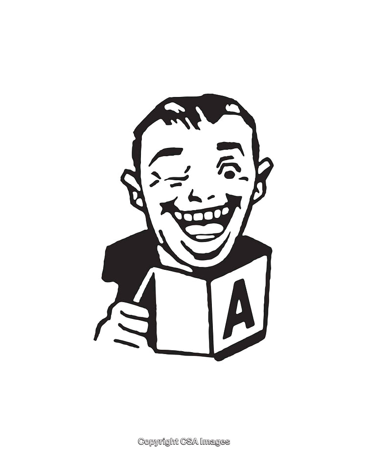Black And White Illustration of Smiling Cartoon Character Holding a Book