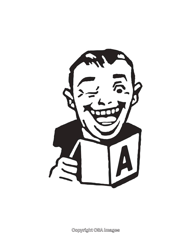 Black And White Illustration of Smiling Cartoon Character Holding a Book