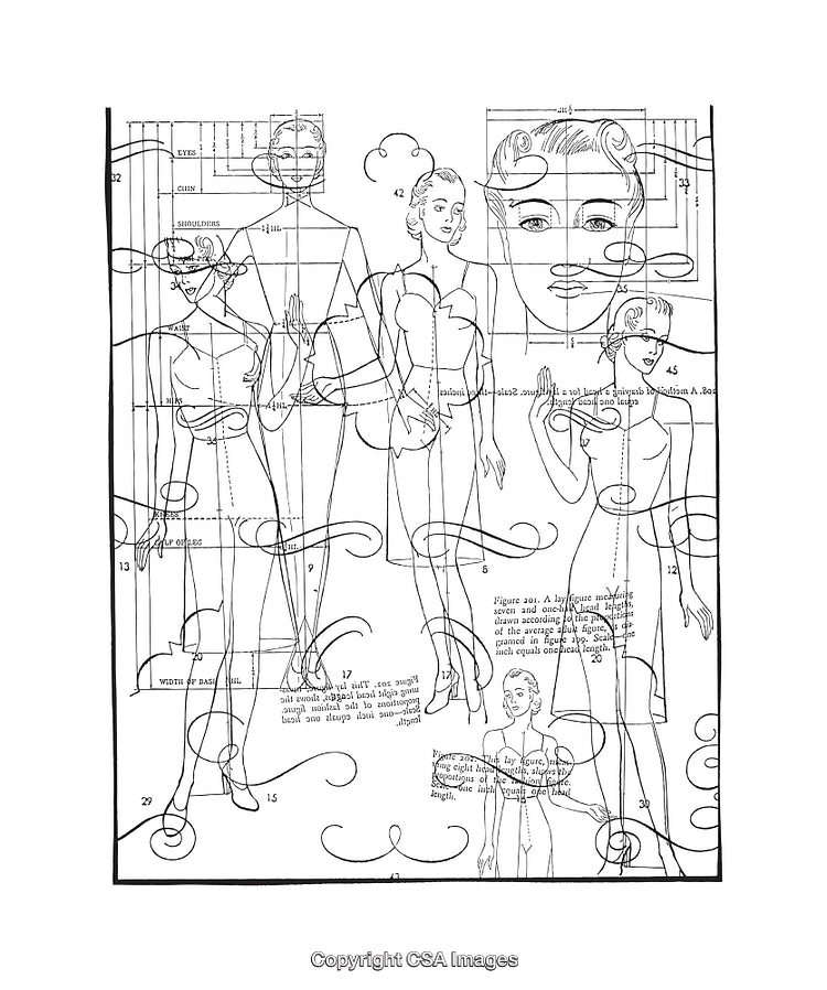 Detailed Black and White Digital Diagrams Featuring Female Figures and Measurements