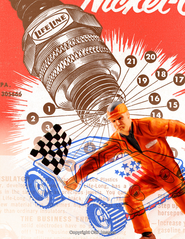 Retro Racing Toy Collage Featuring Figures and Car Illustrations